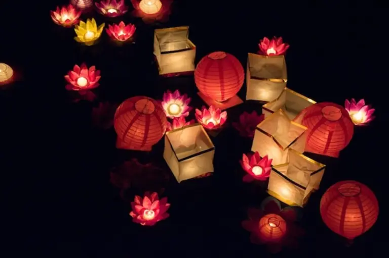 Japanese autumn lantern festival night river