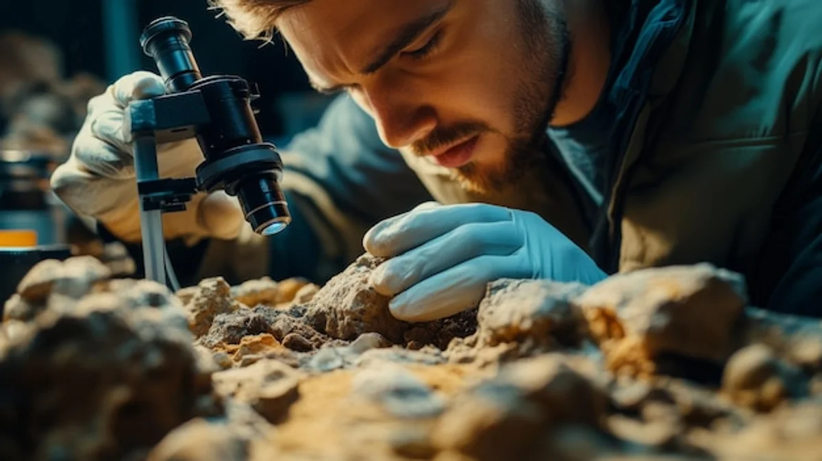 scientist examining artifact under microscope