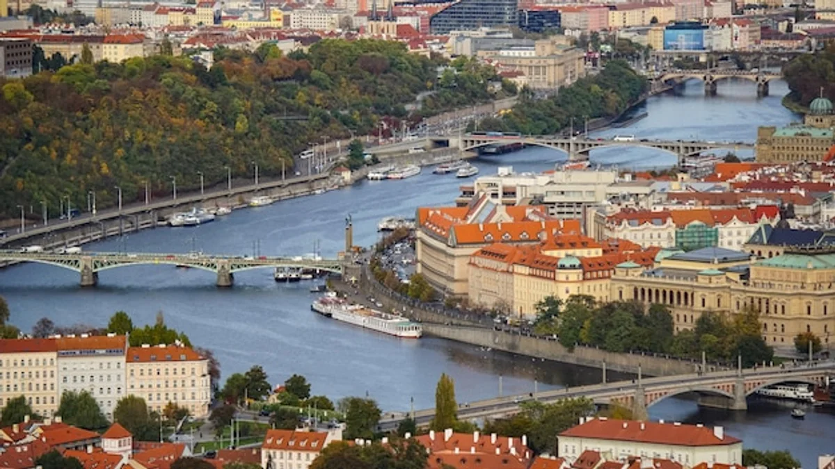 aerial view of Vltava river in Prague panorama