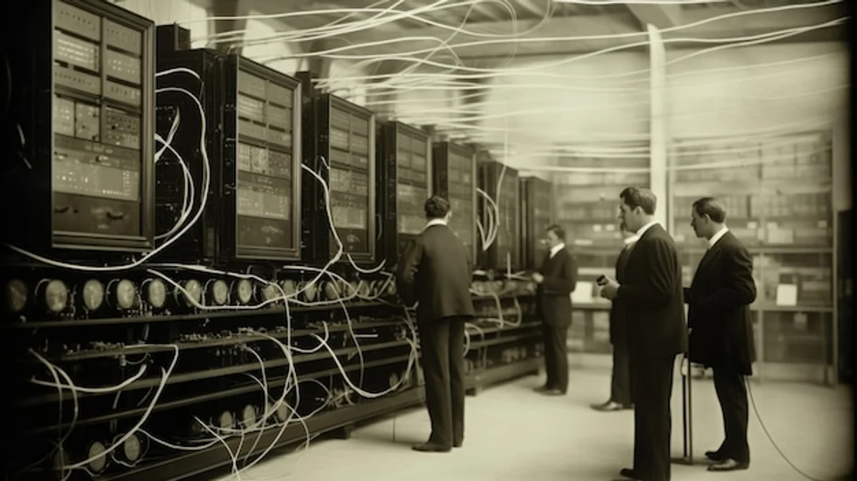 eniac early computer room black and white