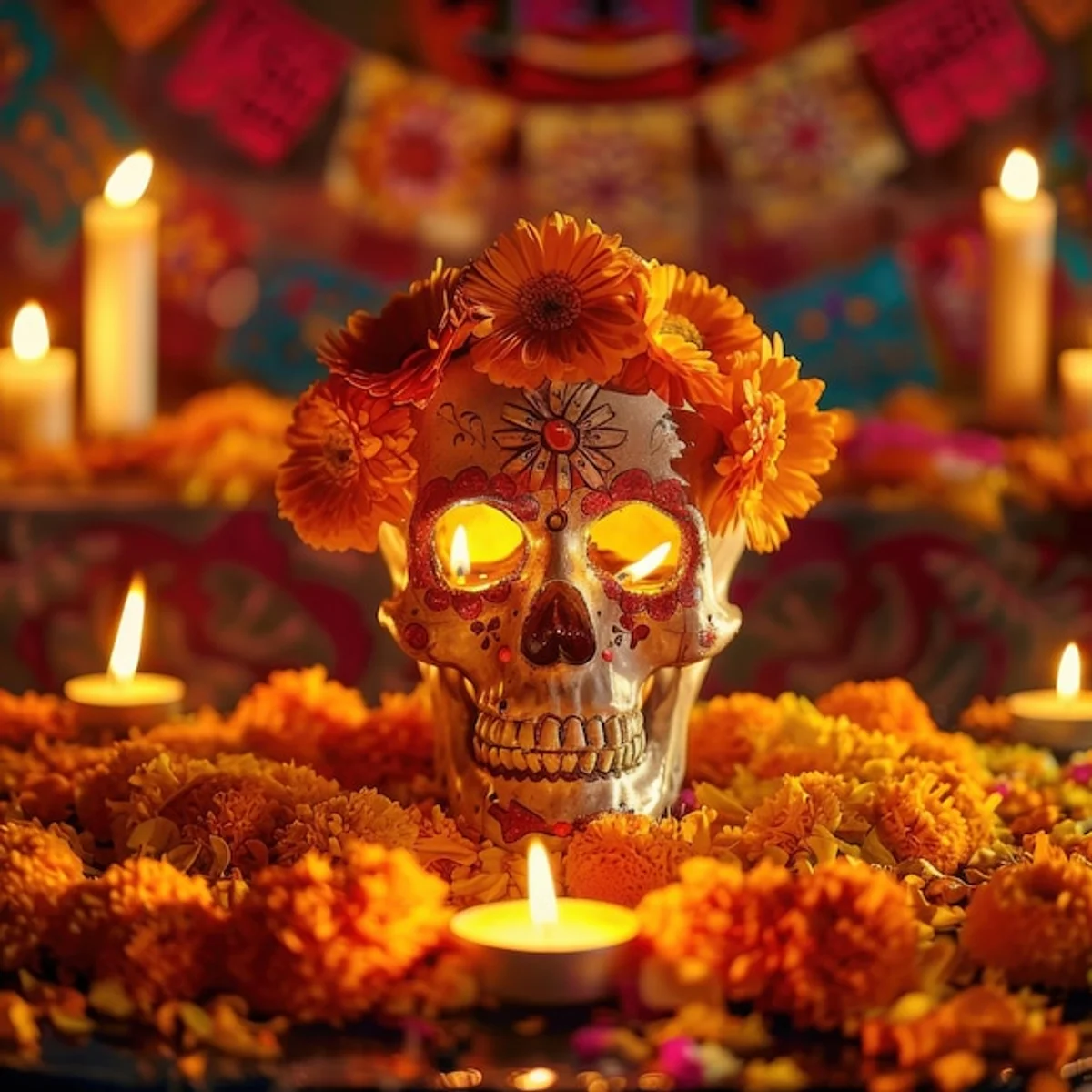mexican day of the dead celebration with marigold flowers and painted skulls