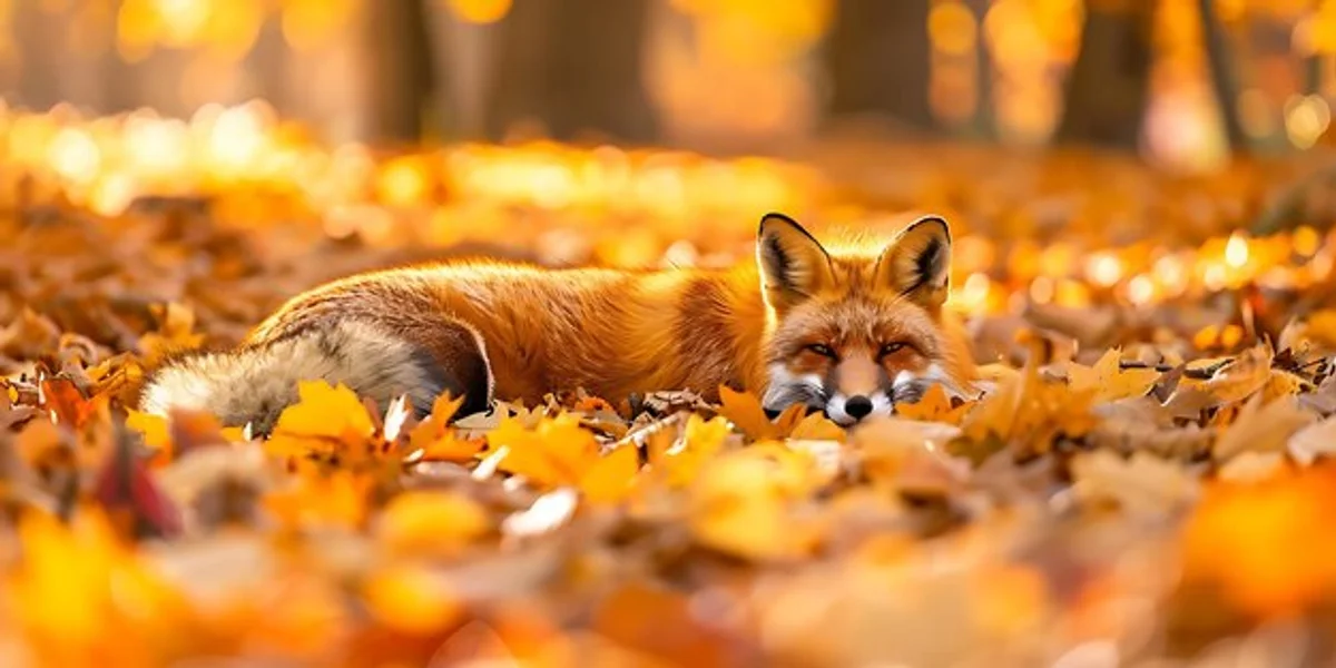 eurasian red fox close up autumn leaves