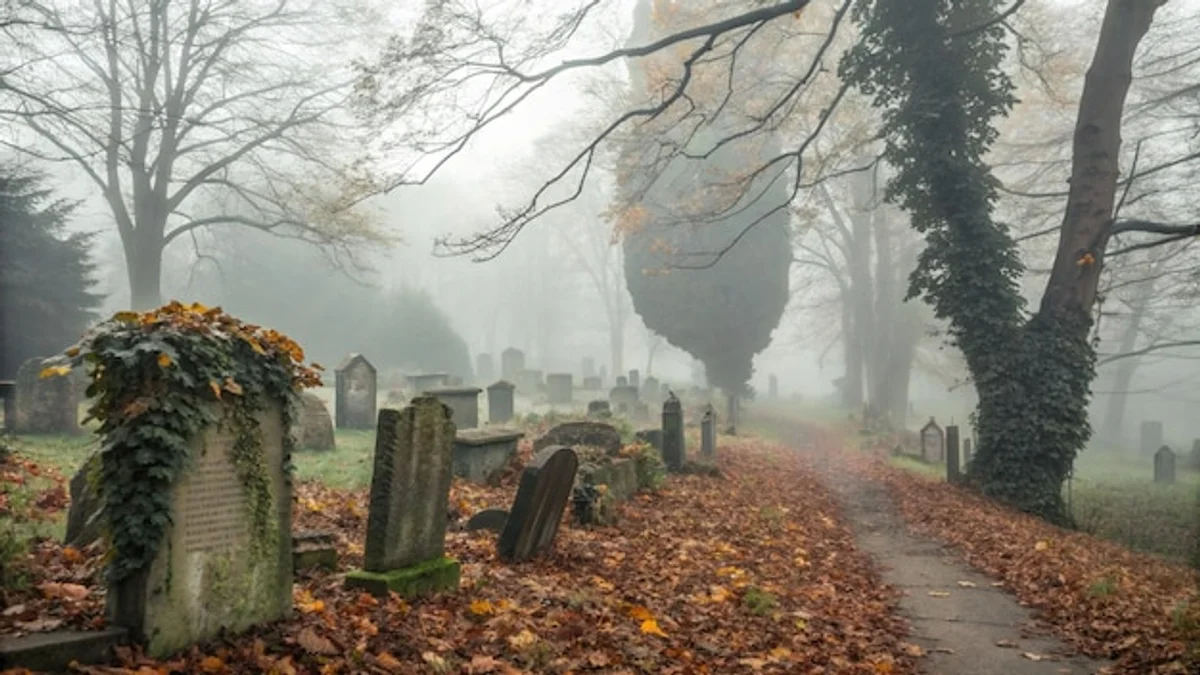 ancient cemetery autumn mist