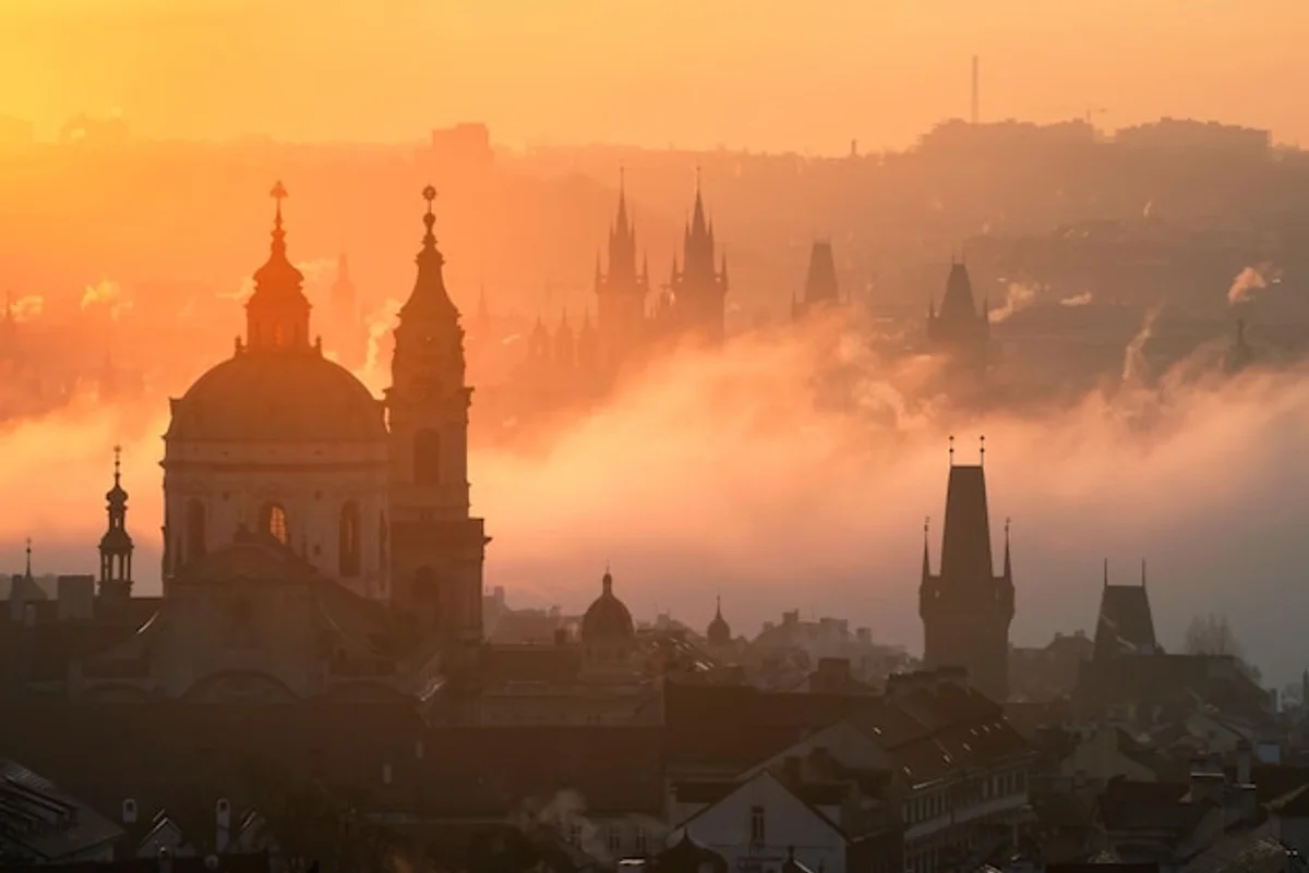 prague autumn old town morning mist