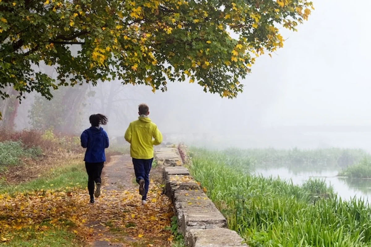 autumn marathon start morning fog