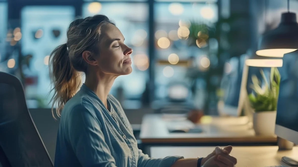 modern office worker practicing mindful breathing