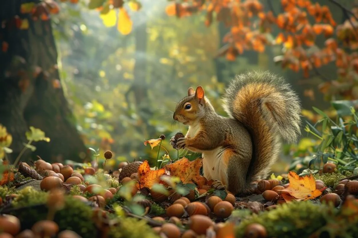eurasian red squirrel collecting nuts autumn forest