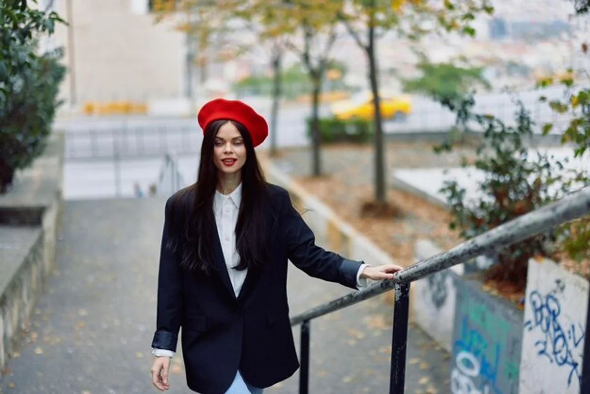 autumn fashion bright colors street style woman smile