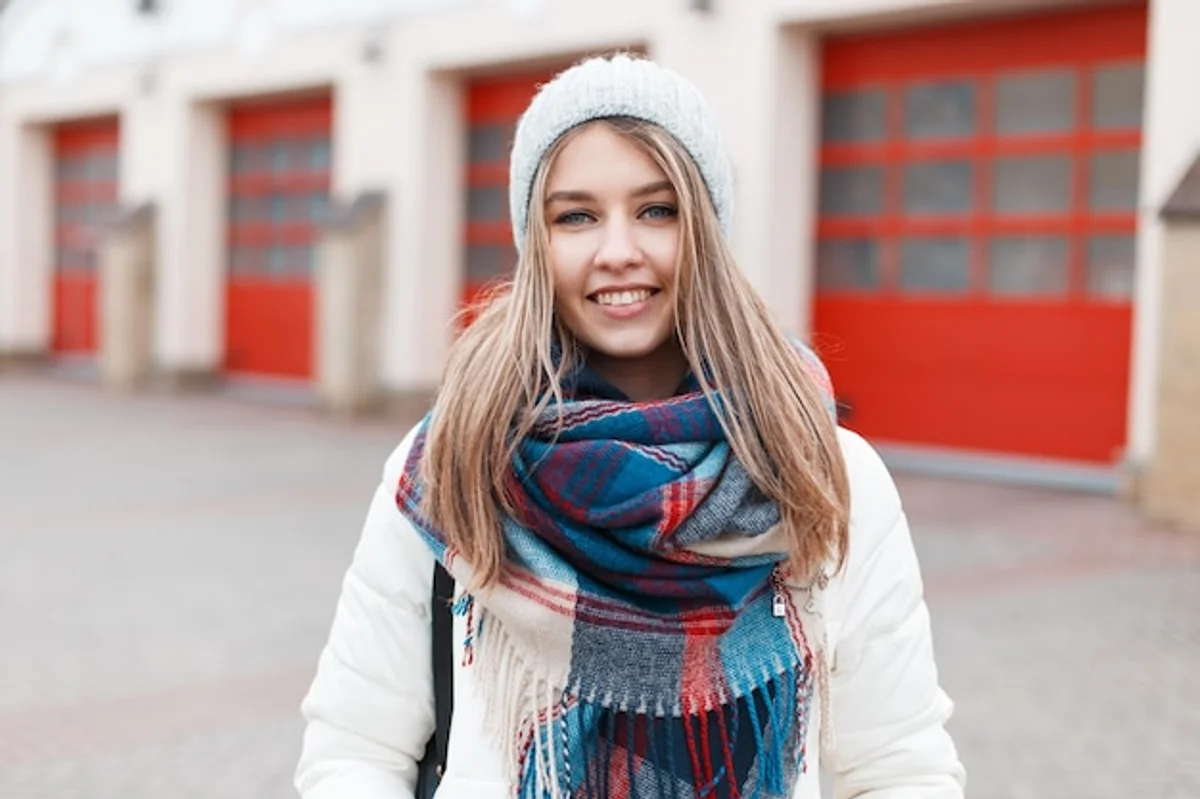 smiling people autumn clothes bright scarf outdoor walking