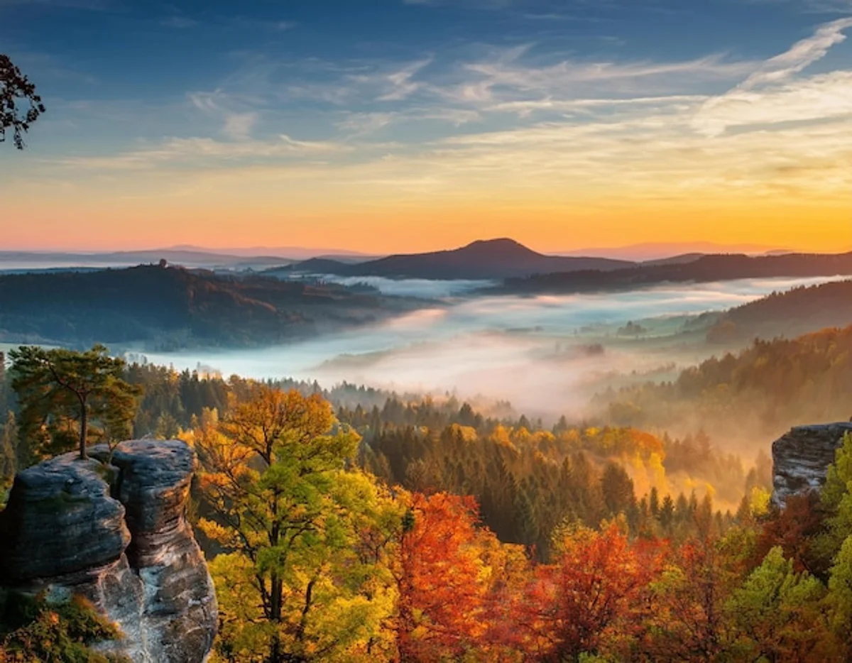 misty autumn sunset Bohemian landscape