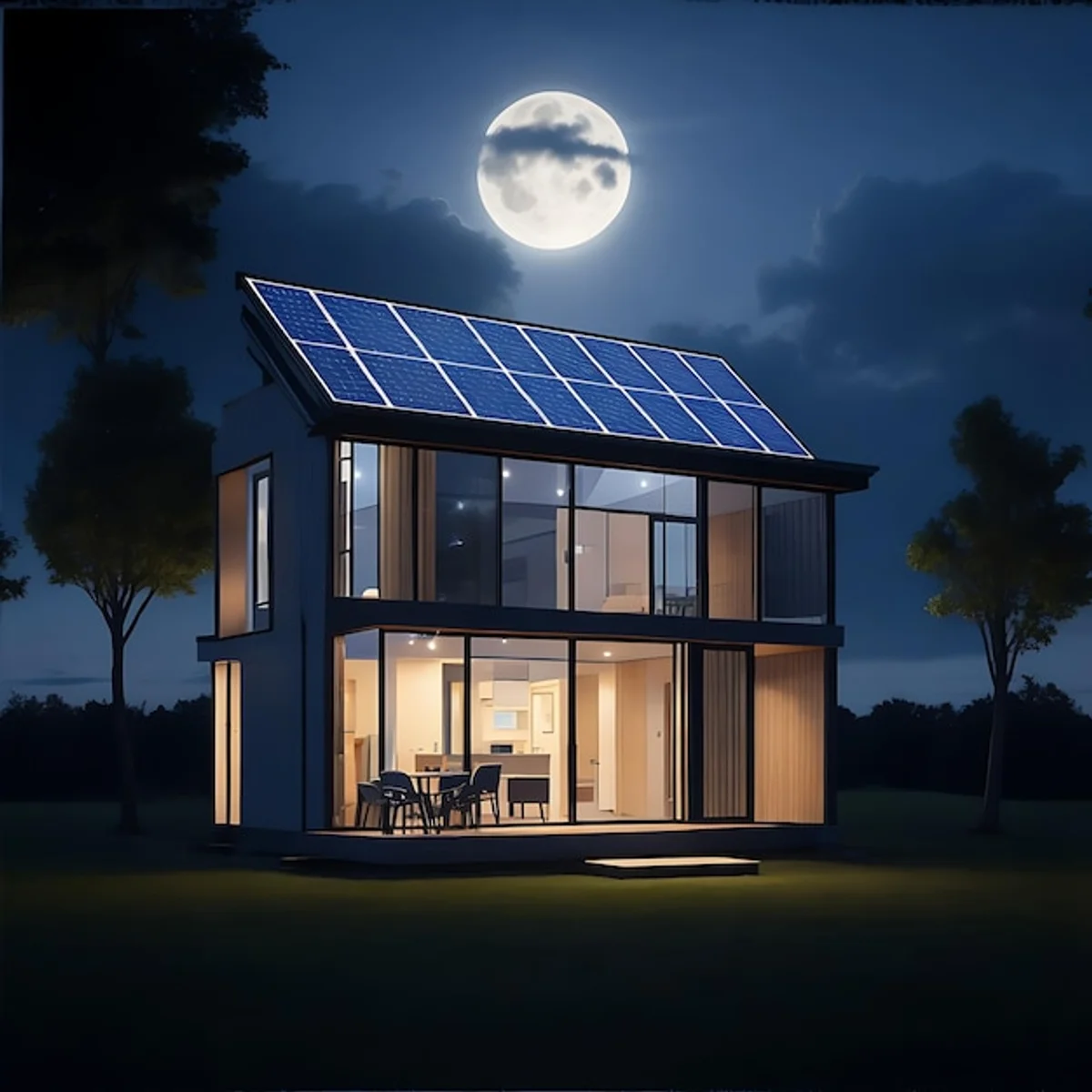 smart home energy savings modern home night solar panel