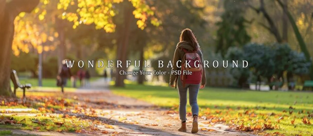 woman walking autumn park morning sunshine