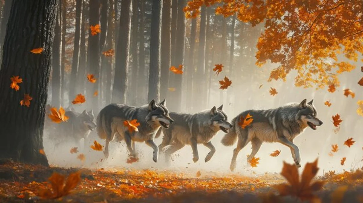 autumn wolf pack in european forest