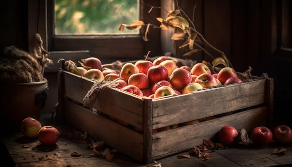 Fresh apples and pears in rustic wooden crate autumn