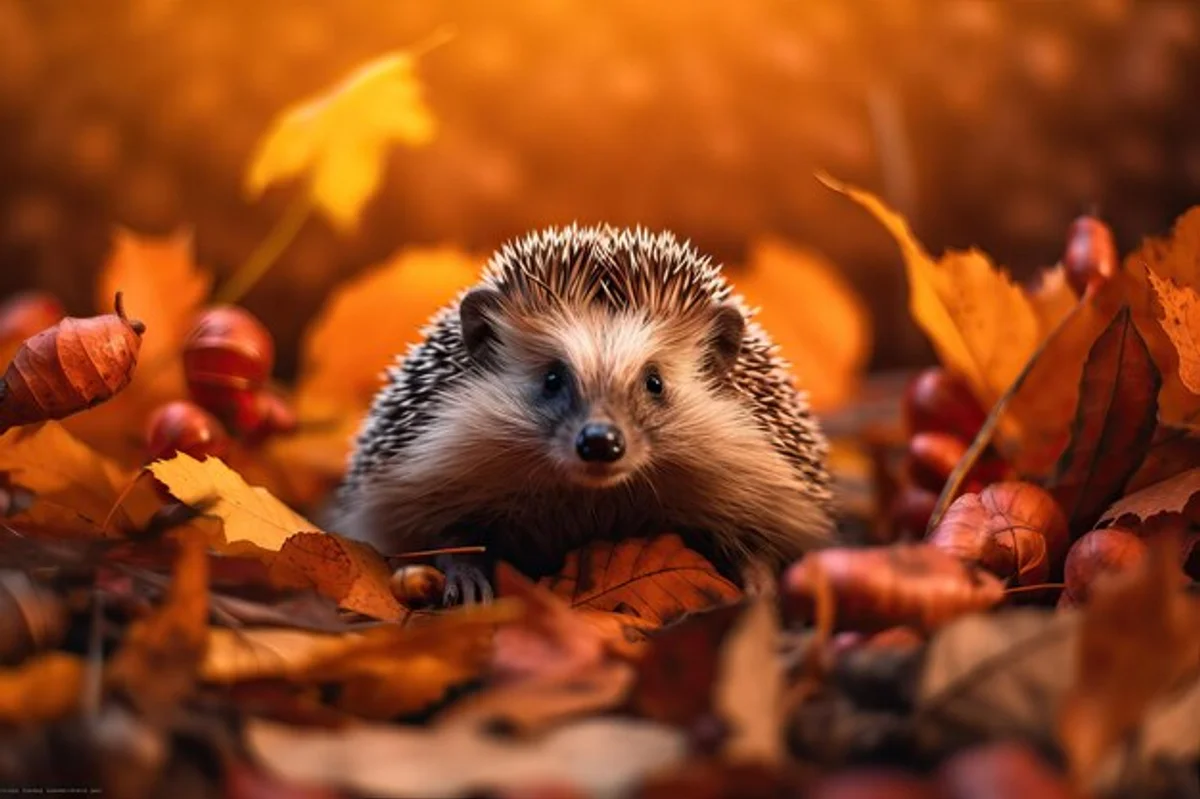 hedgehog preparing for hibernation in autumn leaves