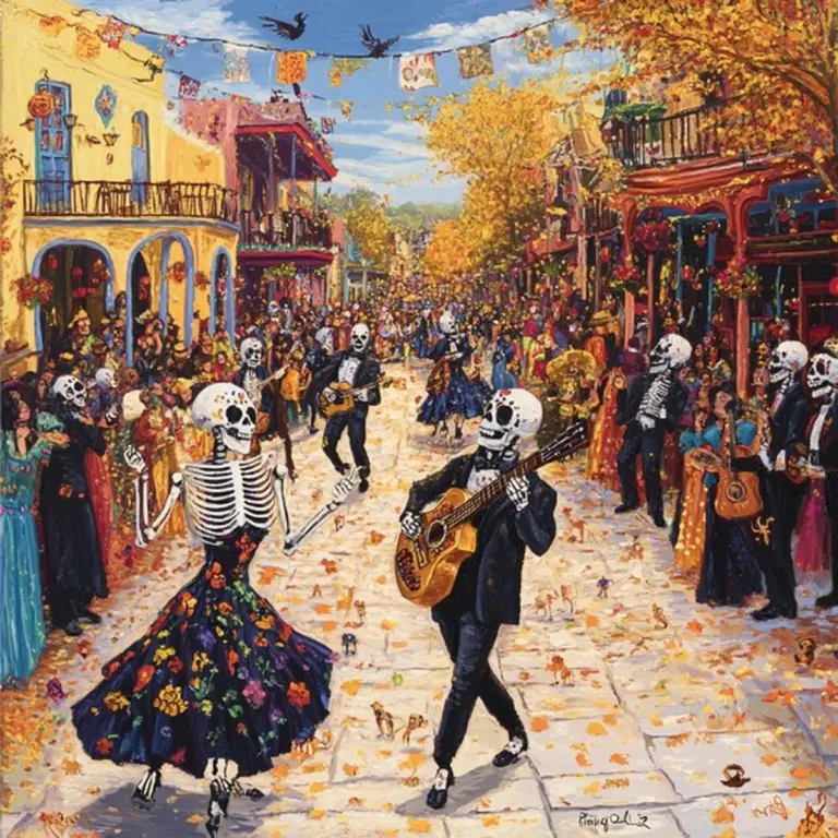 colorful day of the dead parade in european city