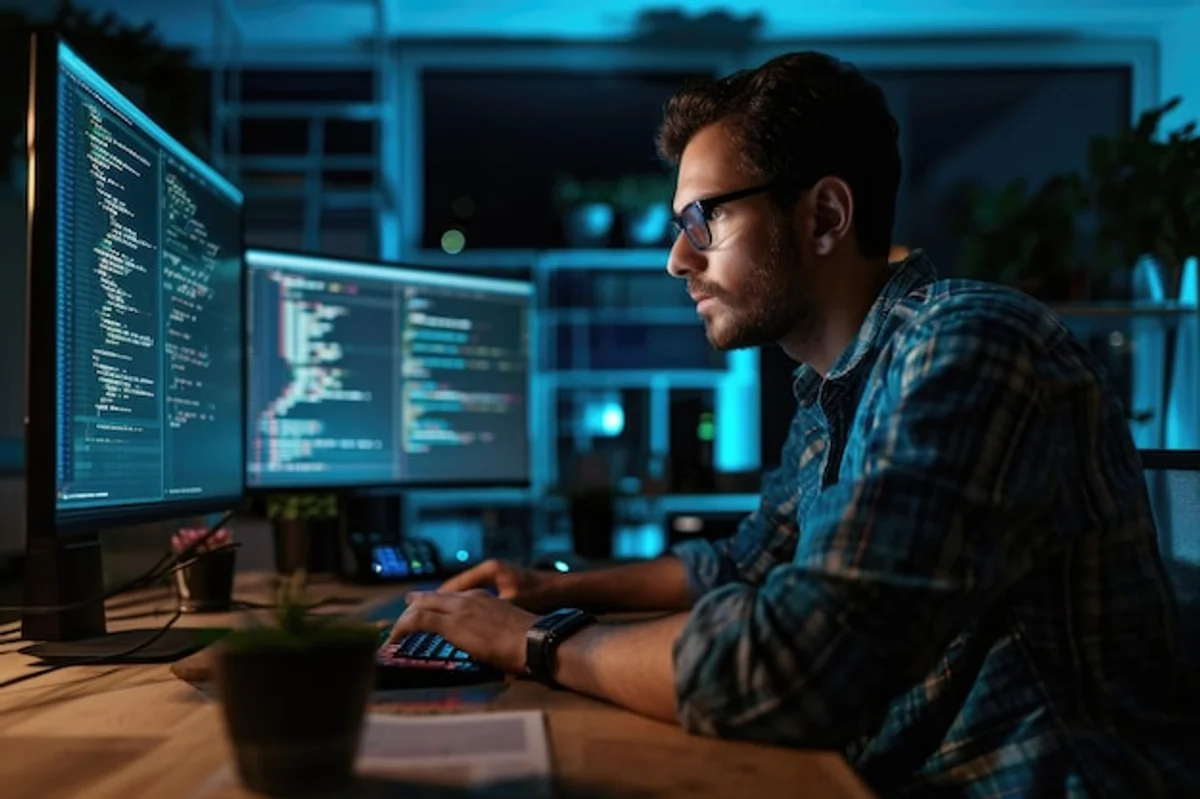 person massaging temples working at computer with blue screen light glow