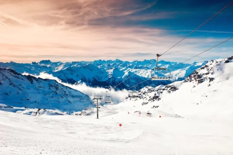 panoramic view snowy European ski resort vibrant action