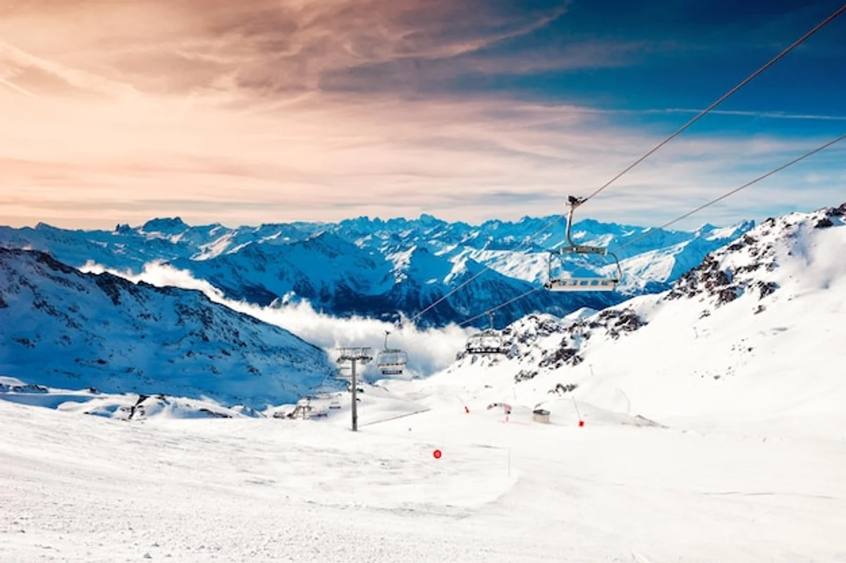 panoramic view snowy European ski resort vibrant action