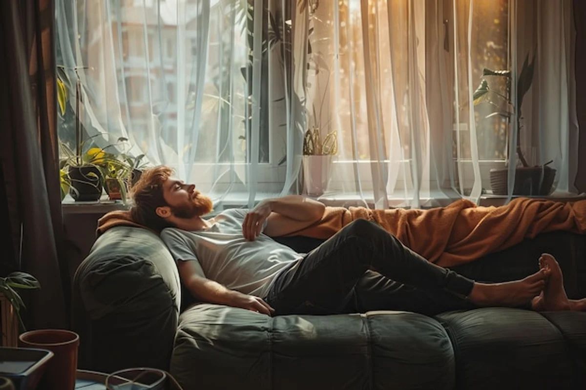 man relaxing near window autumn sunlight mental wellbeing Czech home