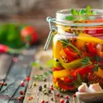 colorful fermented vegetables glass jar rustic wooden table