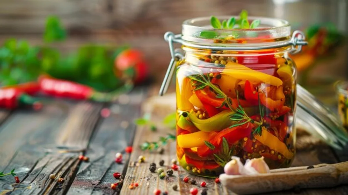 colorful fermented vegetables glass jar rustic wooden table