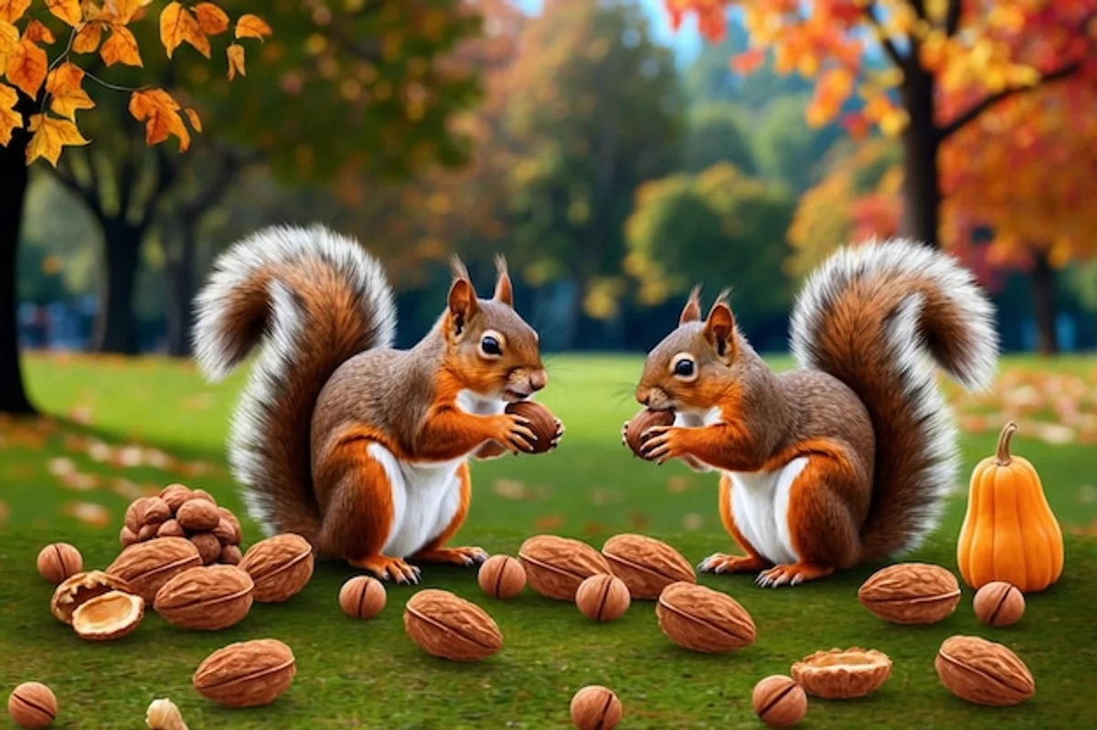 squirrel gathering nuts autumn close-up Czech park