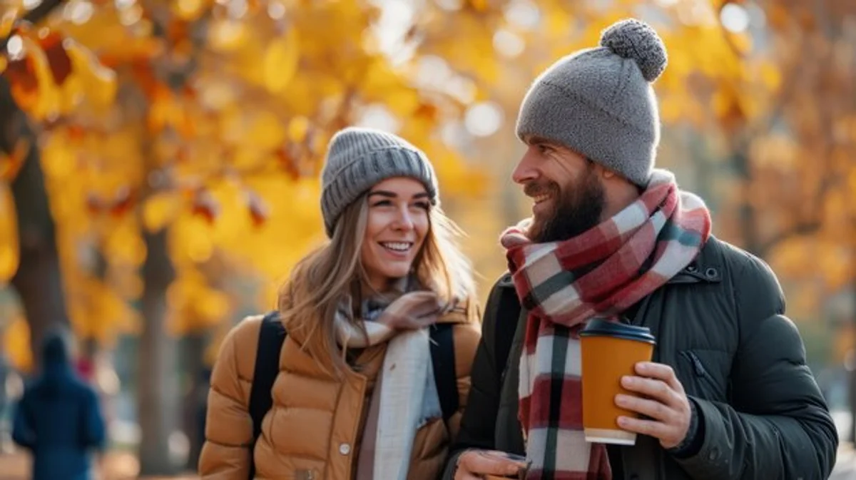 friends autumn walking city park scarves smile