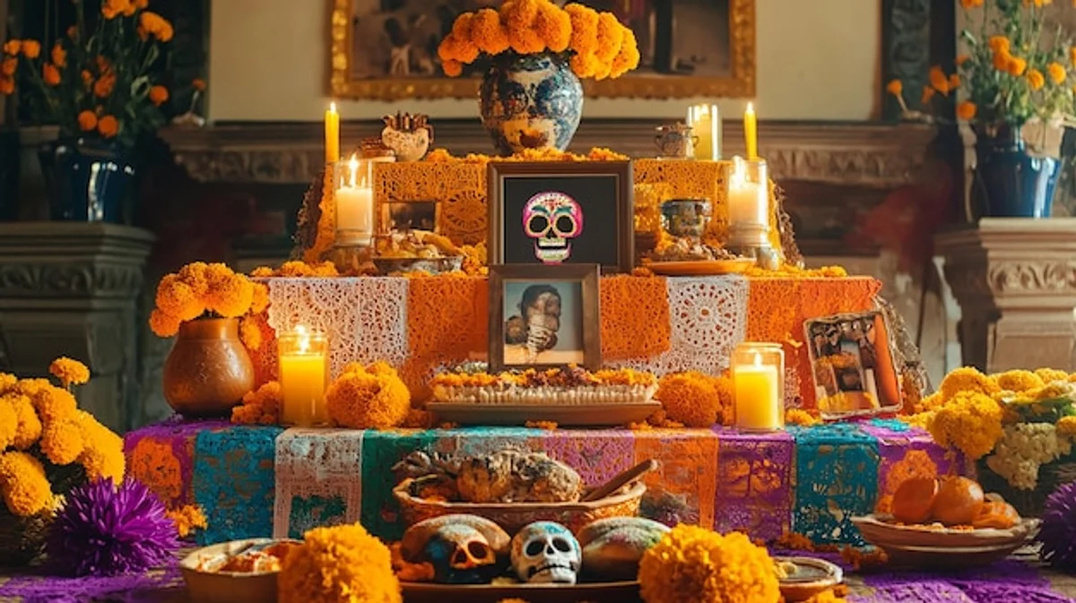 Mexican Day of the Dead altar marigolds candles food family celebration