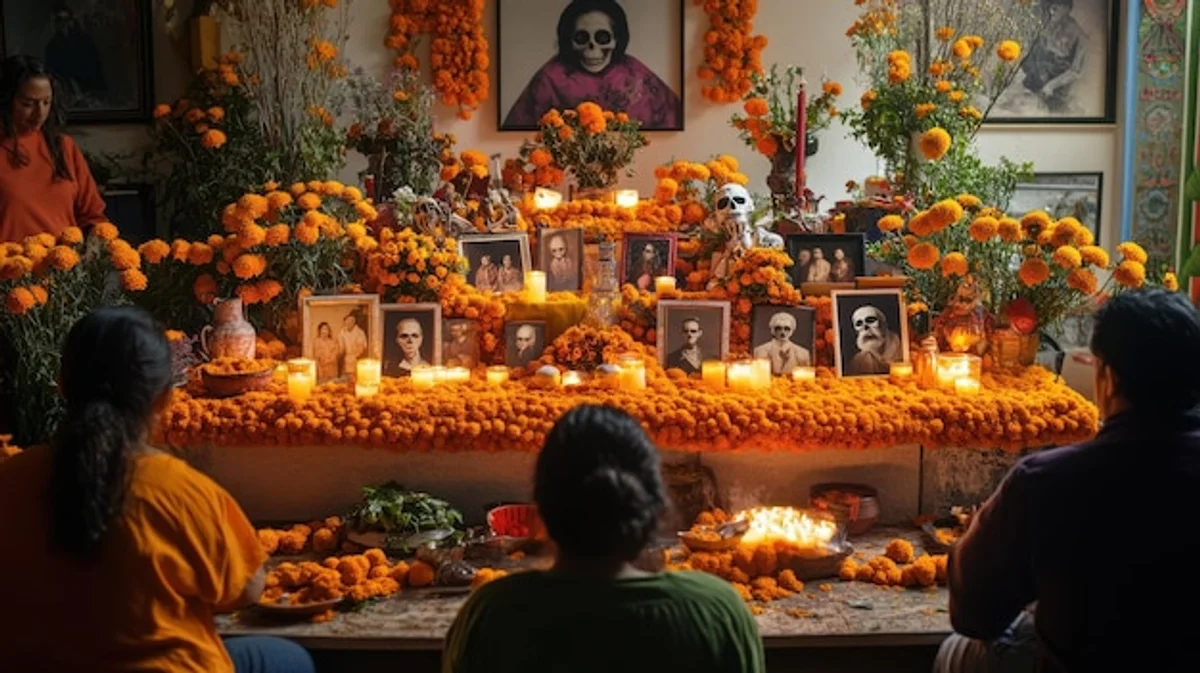 Family creating Mexican Day of the Dead altar with photos and marigolds