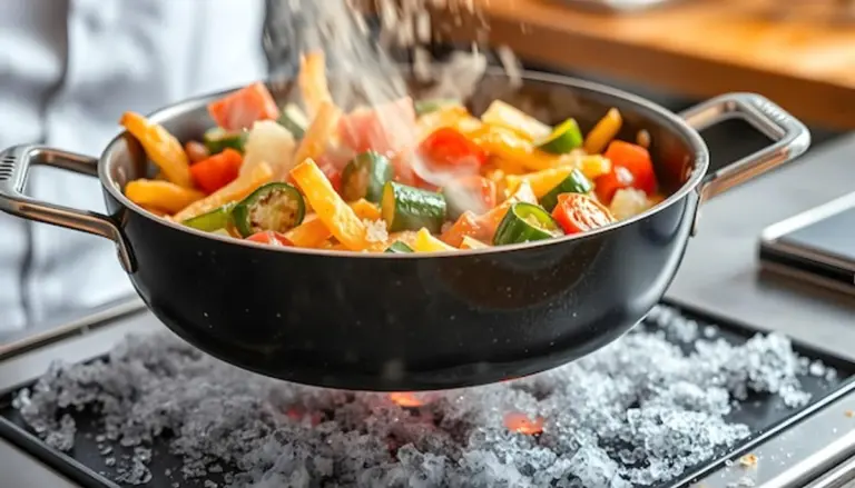 crispy pan fried vegetables colorful modern kitchen