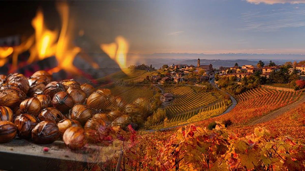 Italian chestnut festival in Cuneo with autumn decorations and local food stands