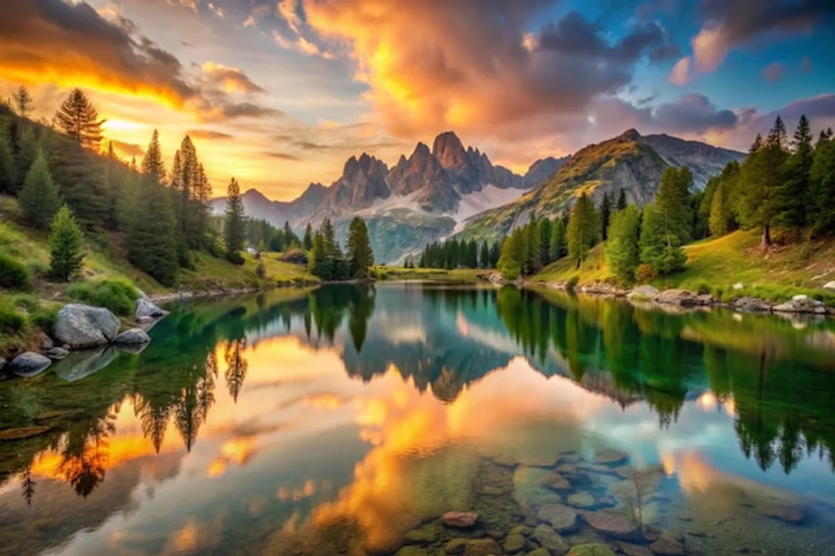 summer sunset over alpine lake italy