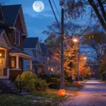 colorful halloween night in suburban usa
