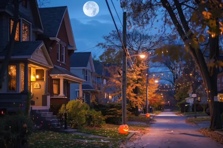 colorful halloween night in suburban usa