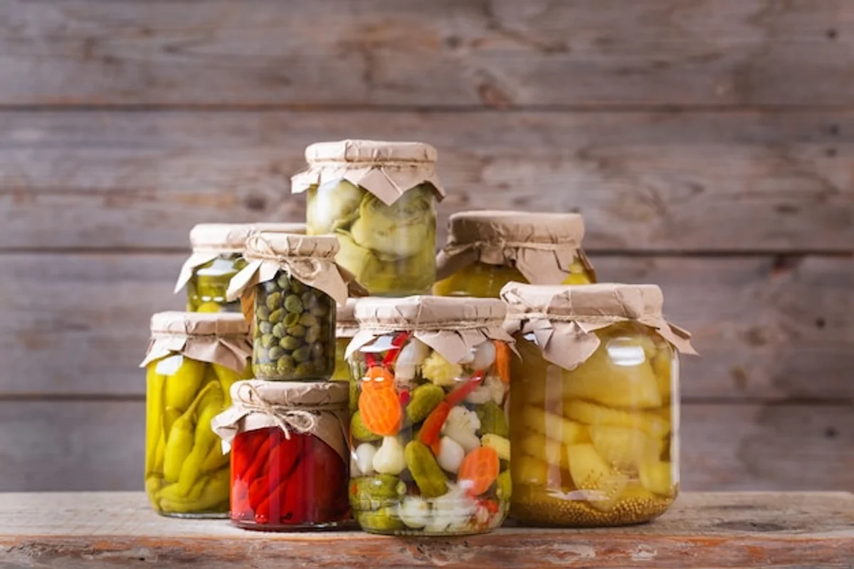 assorted fermented vegetables in jars modern kitchen