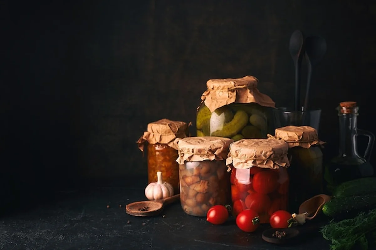 homemade fermented vegetables in glass jars on rustic table