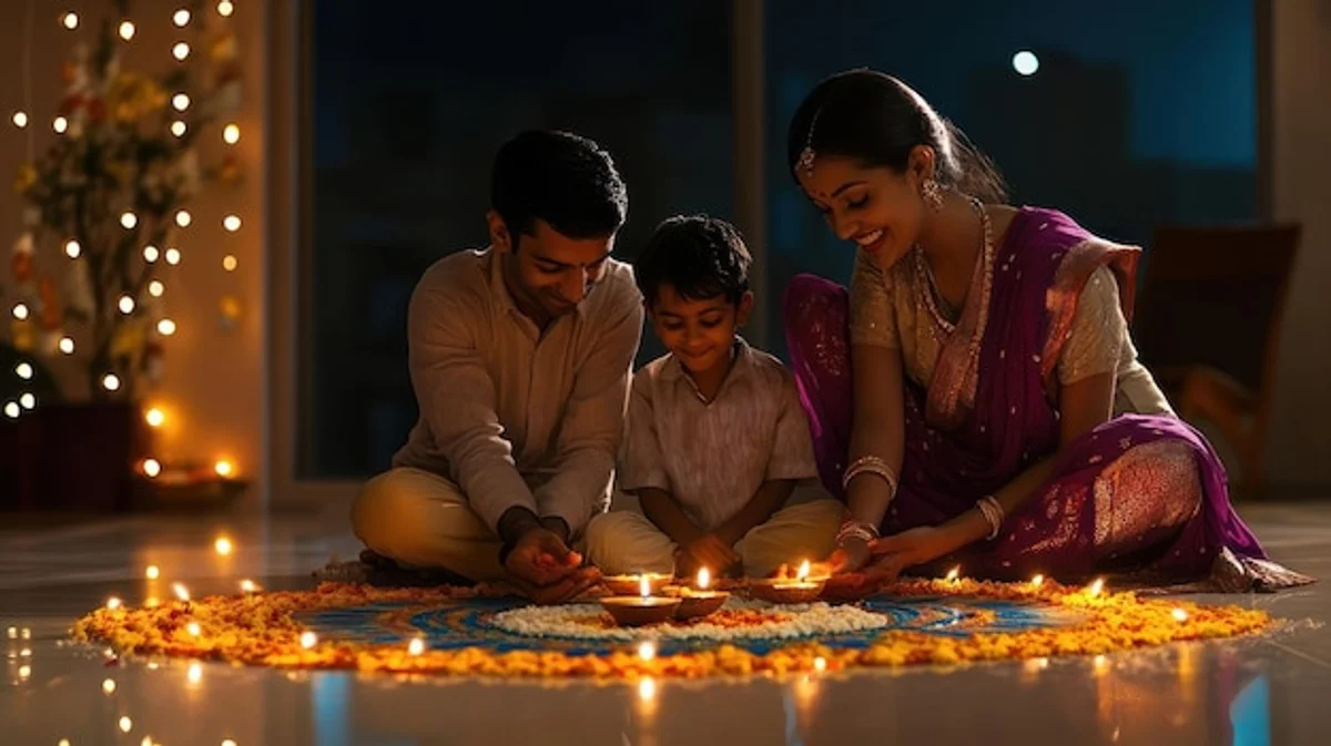 Indian family celebrating Diwali at home rangoli candles