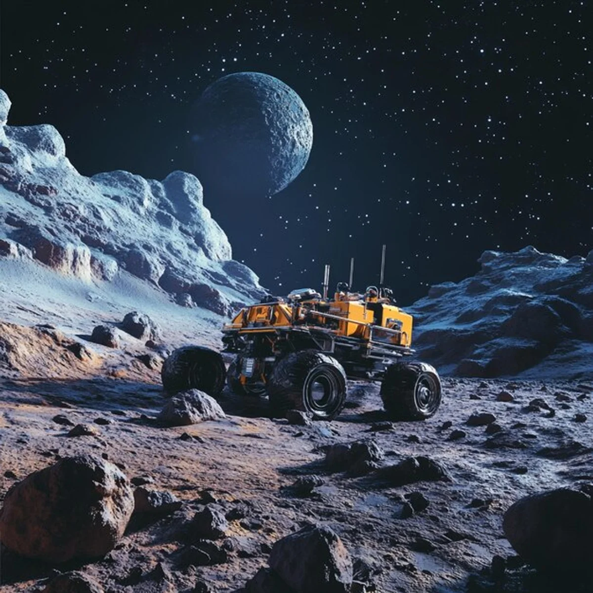 mars surface with rover examining soil