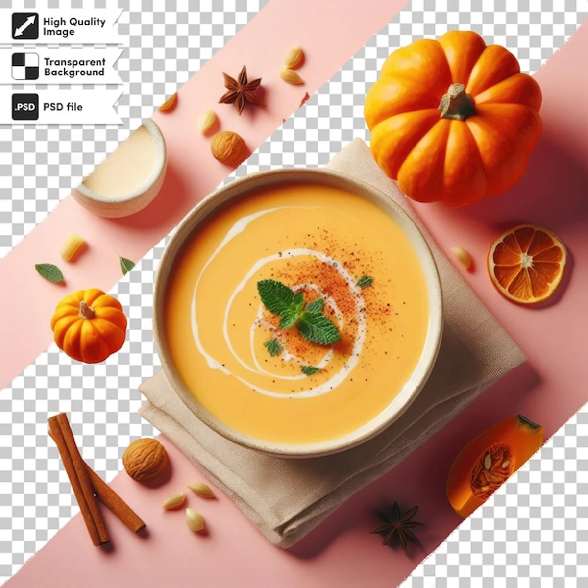 pumpkin soup autumn rustic bowl overhead