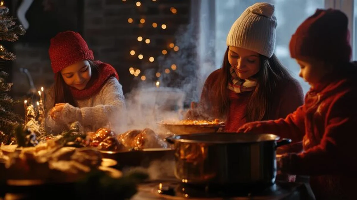 family eating warm food cozy winter