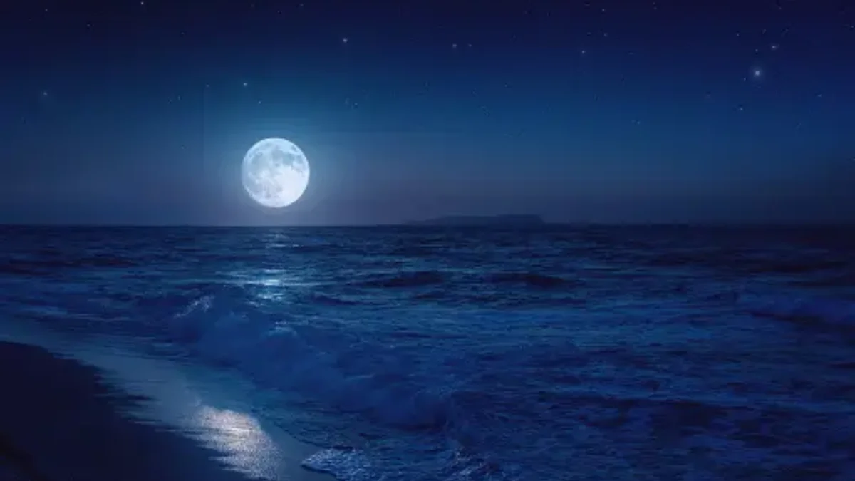 moon affecting ocean tides, night sea, visible moon, magic atmosphere