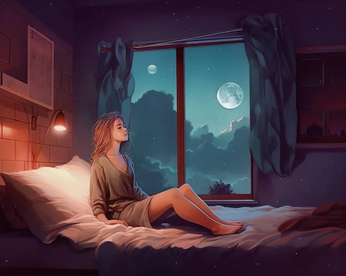 full moon influence on people, insomnia, woman looking at moon through window