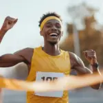 European marathon runners finish line celebration