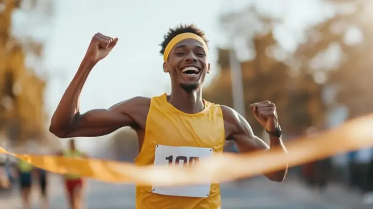 European marathon runners finish line celebration