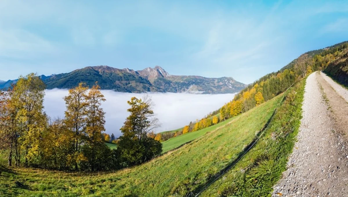 empty mountain trail autumn alps panoramic