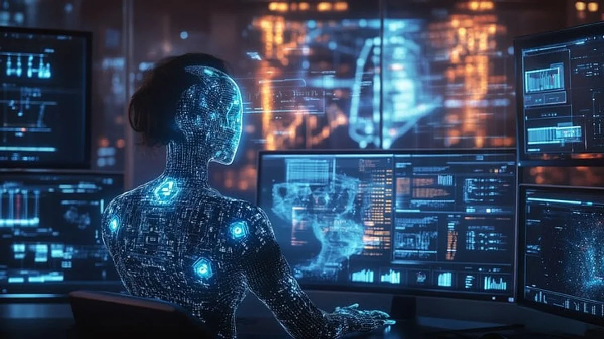 AI features in operating systems, futuristic computer interface, Czech office