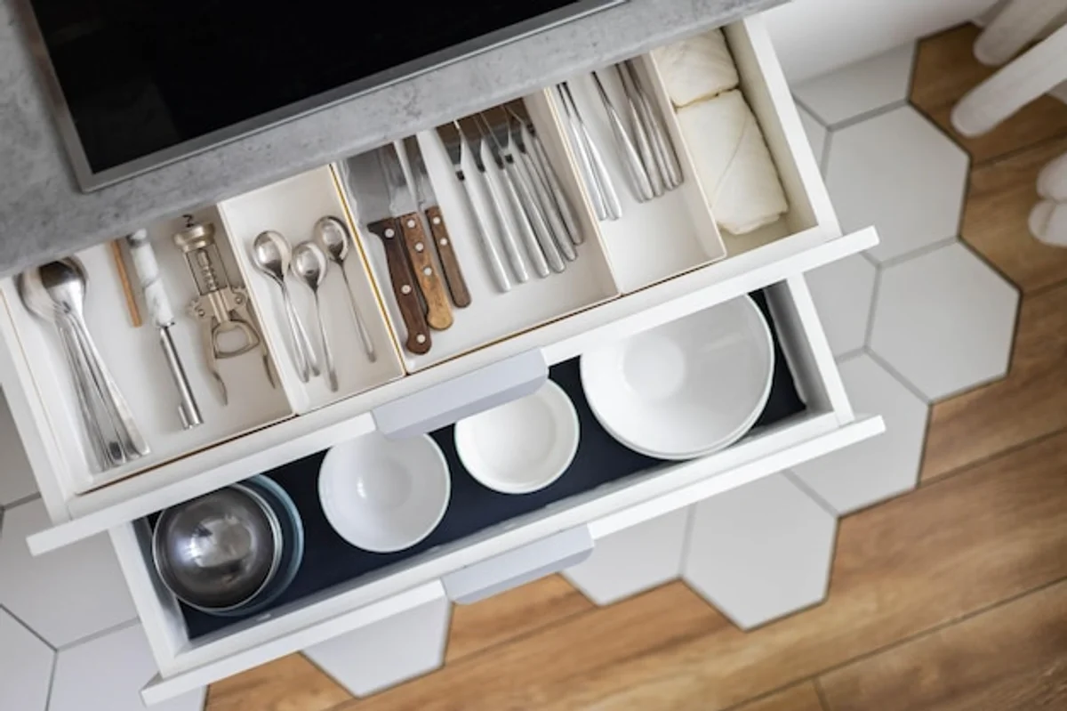 organized kitchen cabinet interior top view