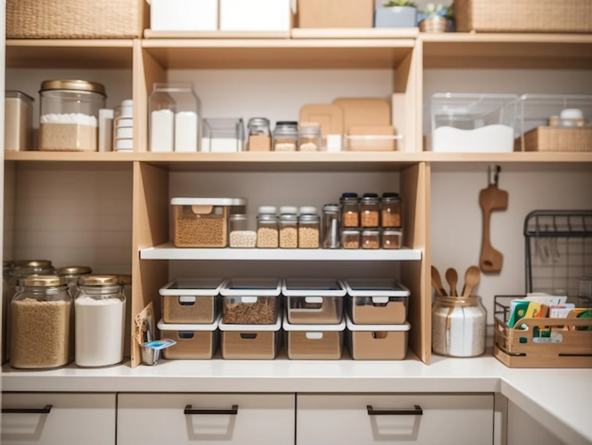 decluttered kitchen cabinet with baskets and labels