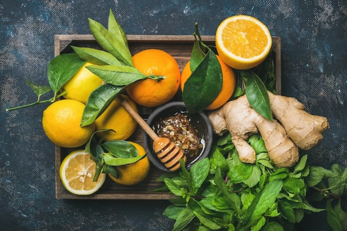 immunity boost with autumn fruits and vitamin c still life